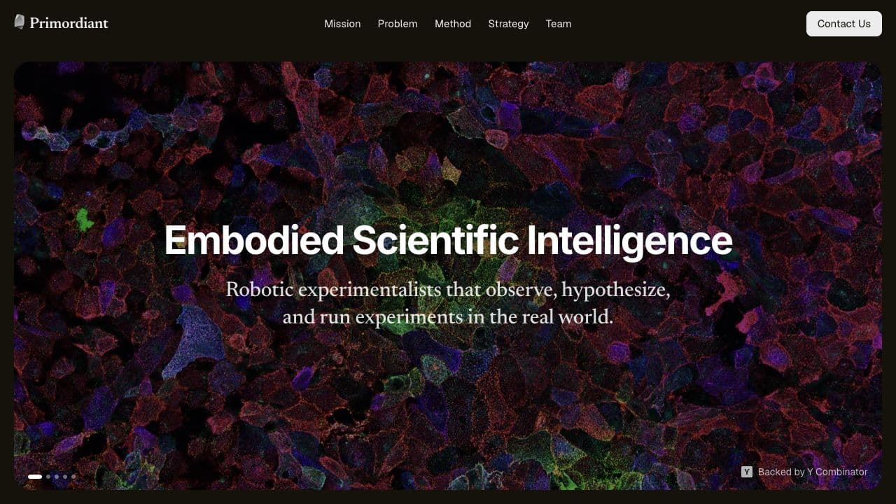 Primordiant’s Embodied Scientific Intelligence introduction over a fluorescence micrograph