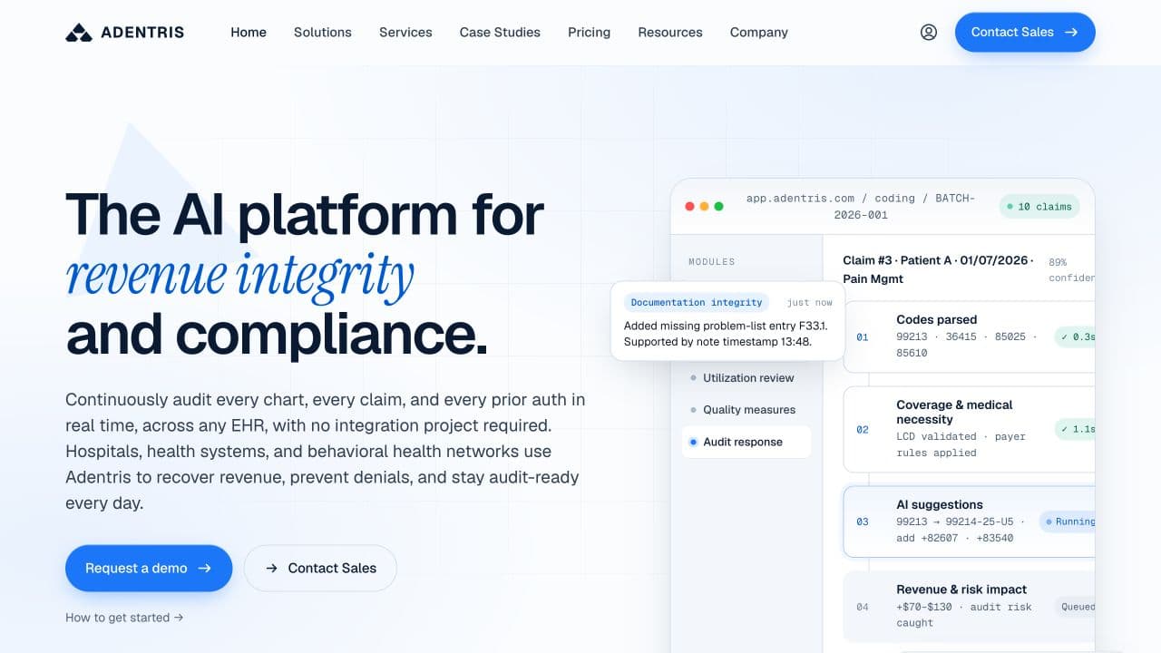Adentris’s public homepage introducing revenue integrity and compliance alongside its sample chart-review interface