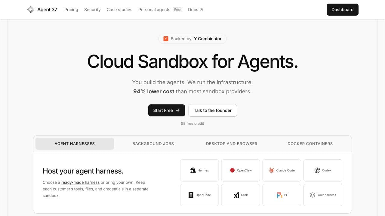Agent 37’s public homepage introducing cloud sandboxes and supported agent harnesses