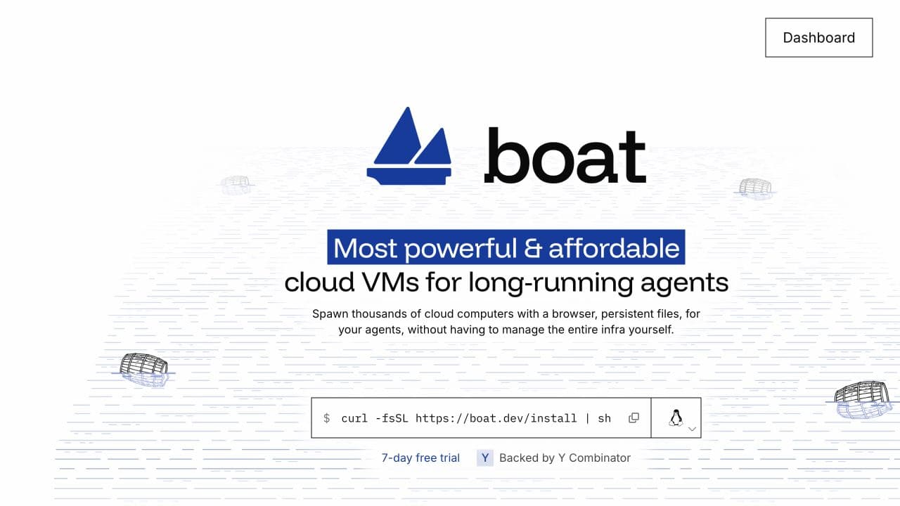 Boat’s public product website introducing cloud virtual machines for agents