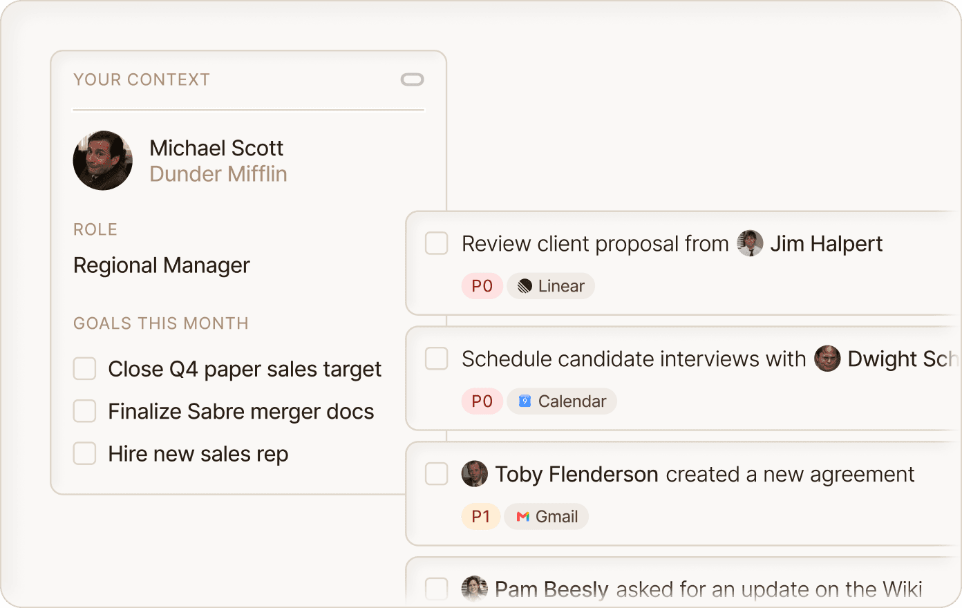 Bond’s published demo graphic showing a role, company goals and prioritized tasks from Linear, Calendar and Gmail