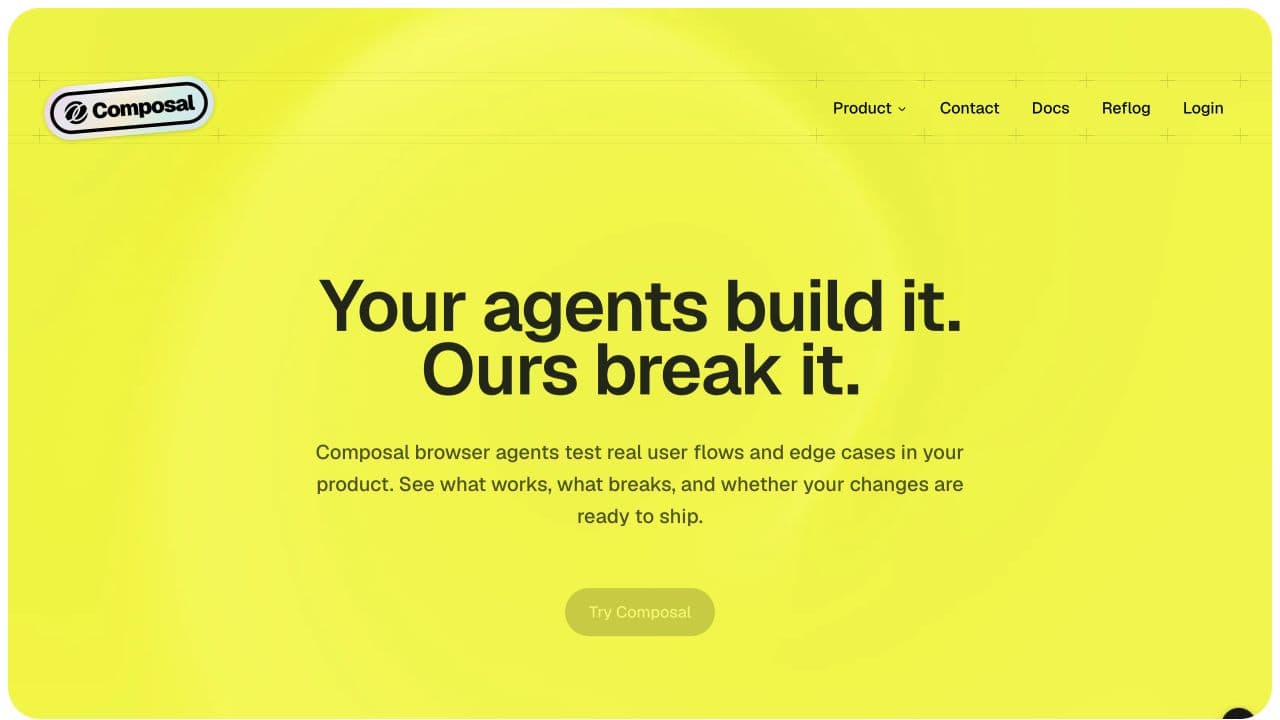 Composal’s public product website introducing browser-agent testing
