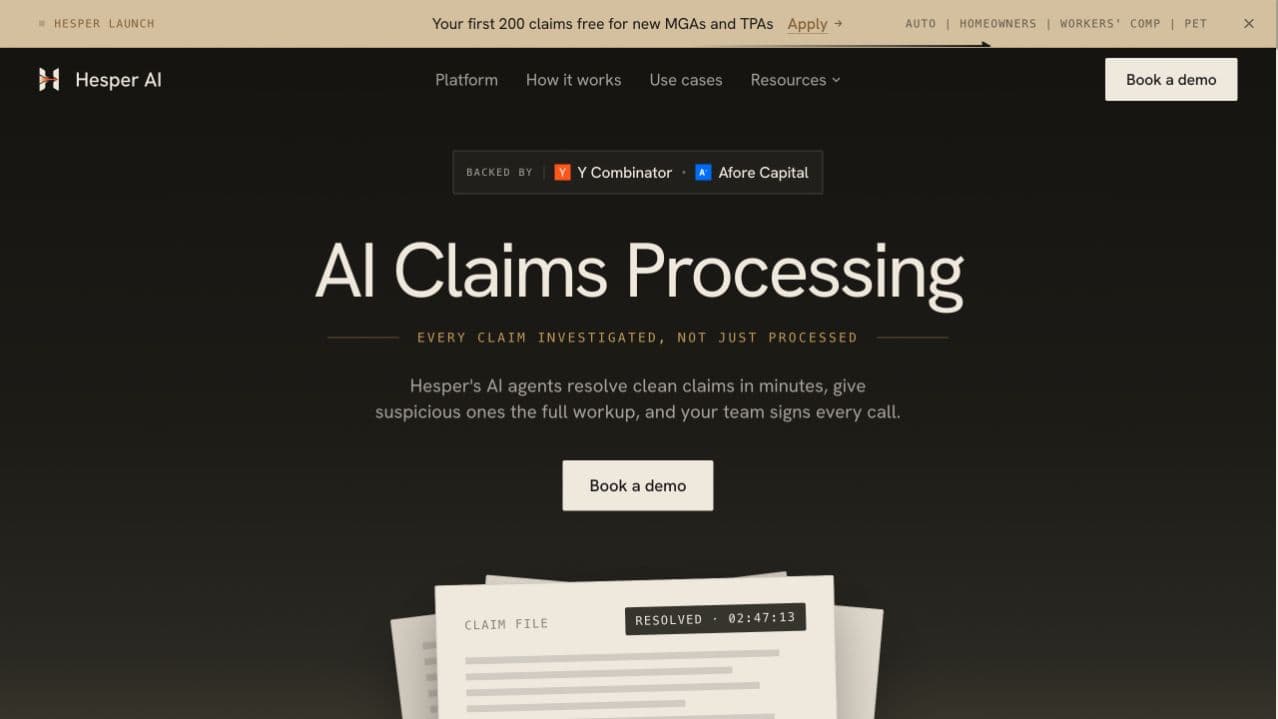 Hesper AI’s public homepage introducing AI claims processing