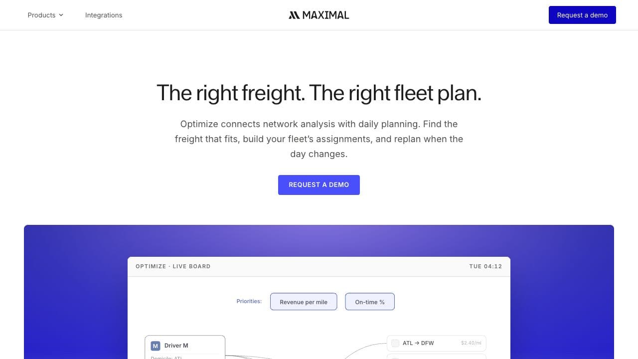 Maximal Optimize showing its freight-planning headline and dispatch demonstration