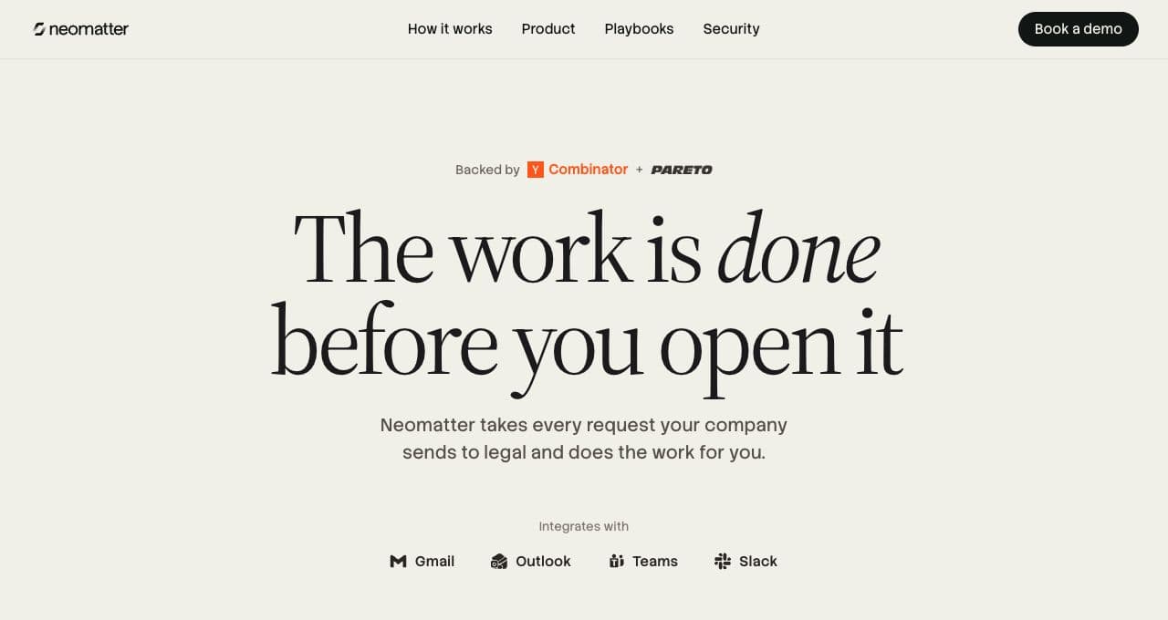 Neomatter’s public homepage introducing its AI workspace for in-house legal teams