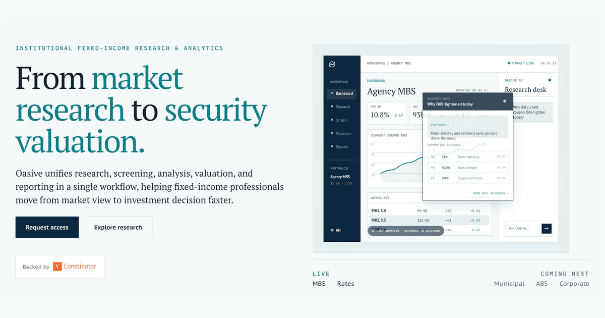 Oasive’s official cover connecting market research with security valuation and an illustrative MBS workspace