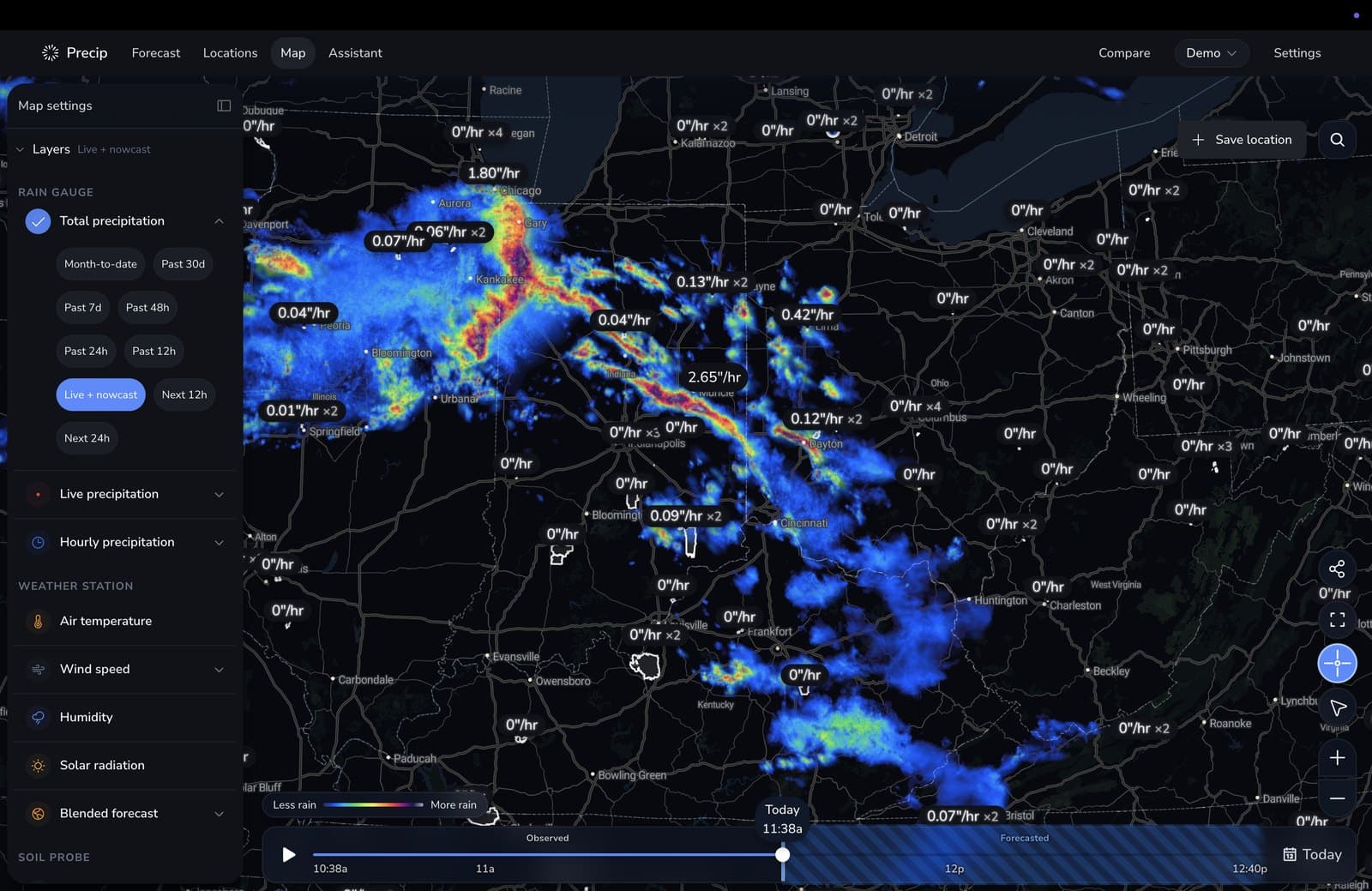 Precip's published demo map showing live rain rates and saved locations across the US Midwest