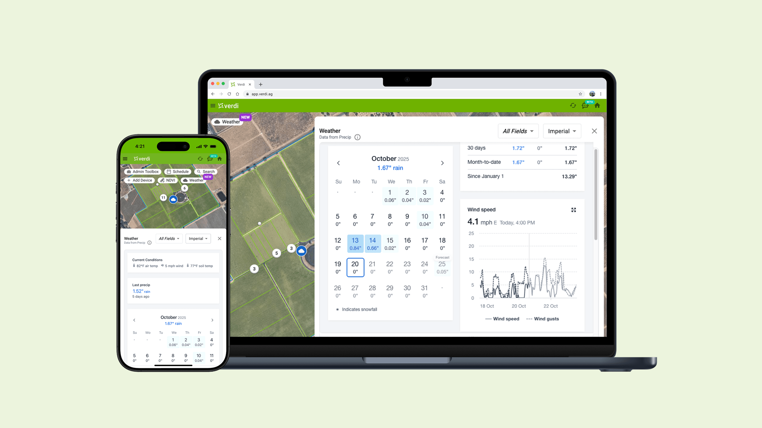 Precip's published Verdi case study image showing weather data inside Verdi's desktop and mobile farming dashboard