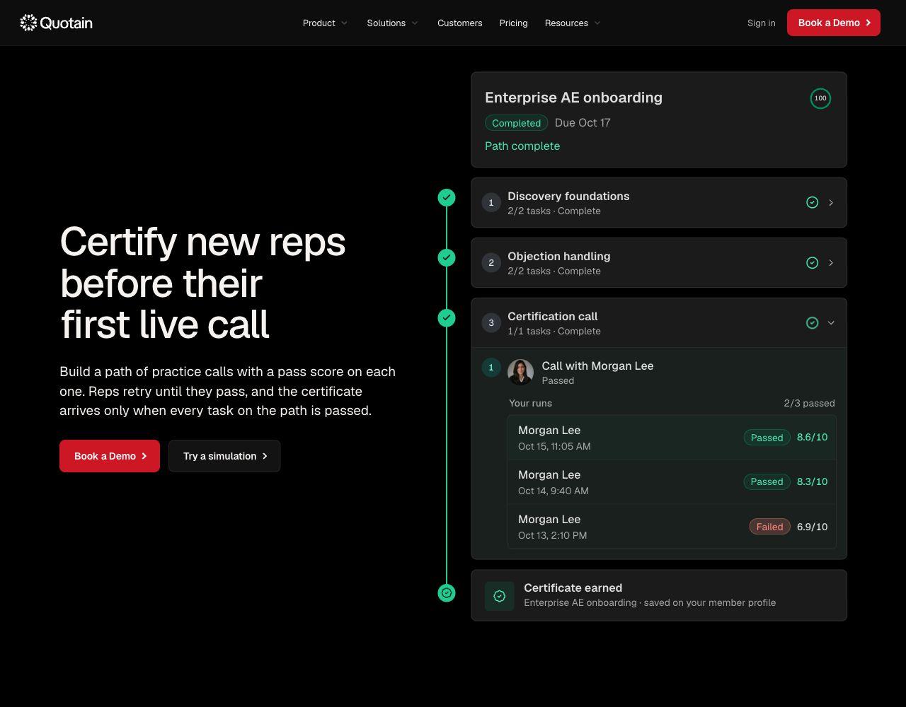 Quotain’s official onboarding demo showing discovery, objection-handling and certification tasks with scored attempts