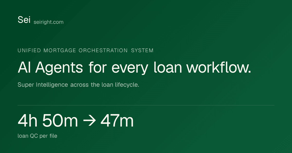 Sei’s official mortgage AI cover showing AI agents for loan workflows and its published loan-QC case-study result