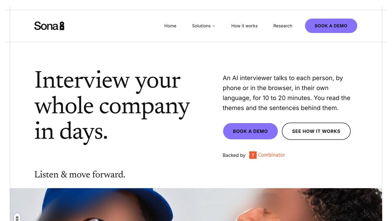 Sona8’s public homepage explaining voice interviews across a company
