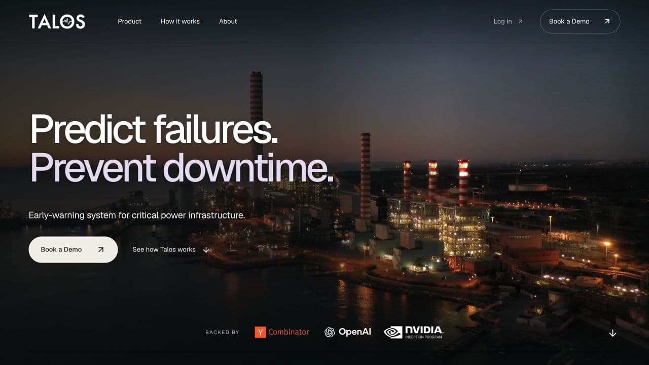 Talos’s public homepage with its critical-power-infrastructure introduction