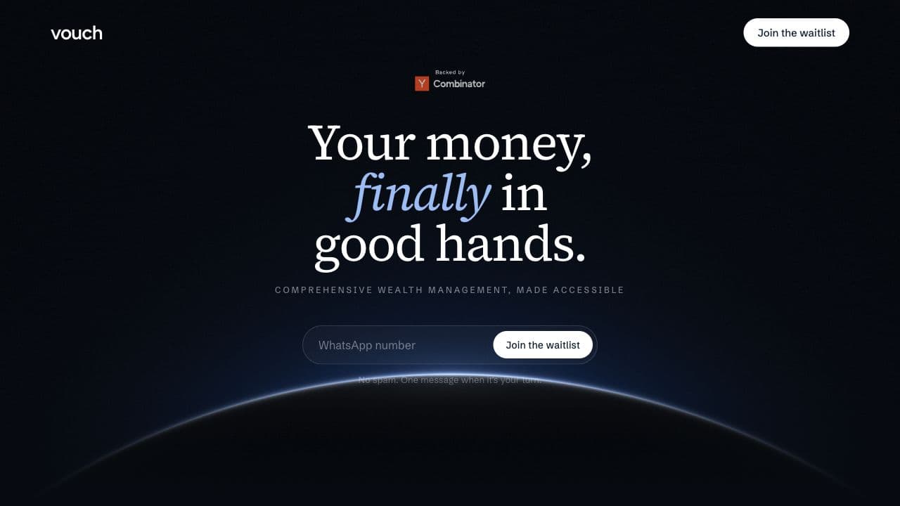 Vouch’s official homepage introducing wealth management and its waitlist.