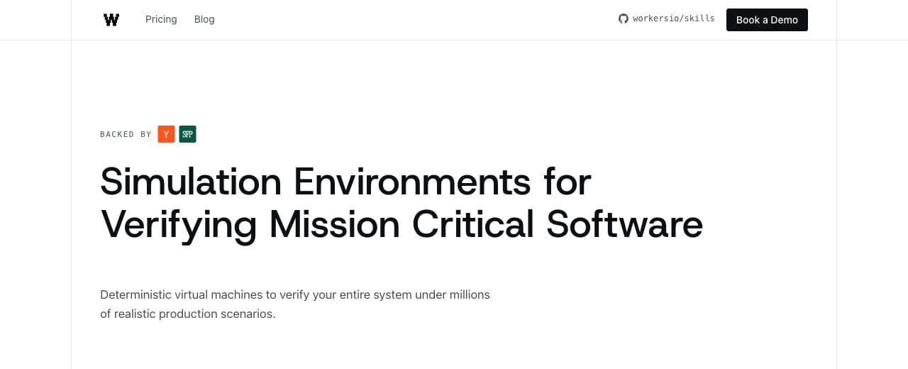 Workers IO’s public homepage introducing simulation environments for mission-critical software